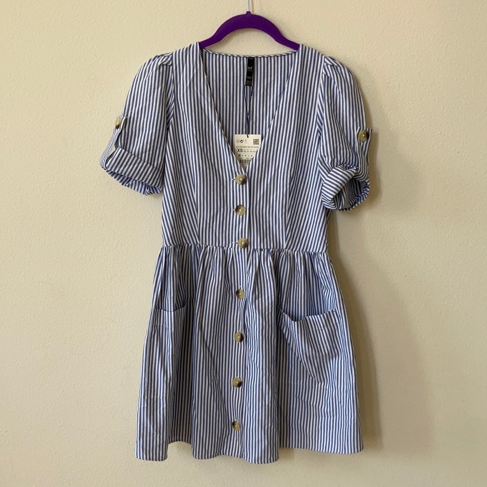 Zara Button Up Striped Short Dress - Light Blue XS